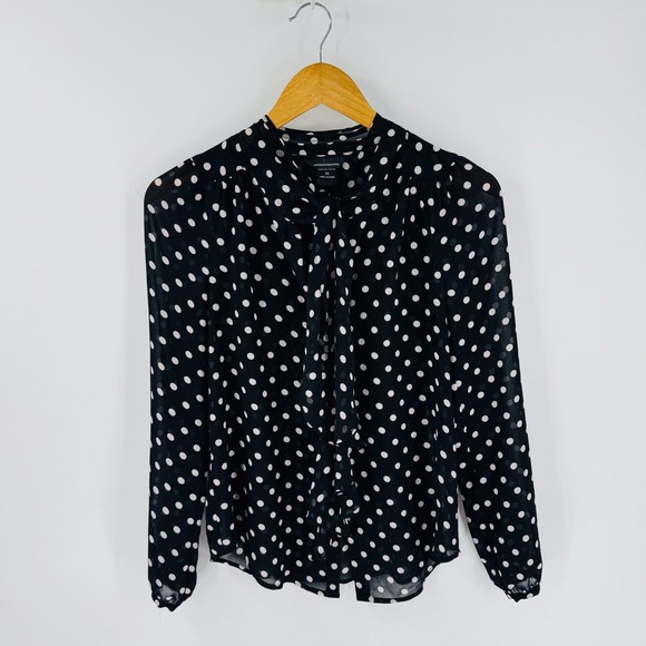 Moda International Tops - Black White Polka Dot sheer Tie Neck Long Sleeve Top Size XS‎ Parisian Academia